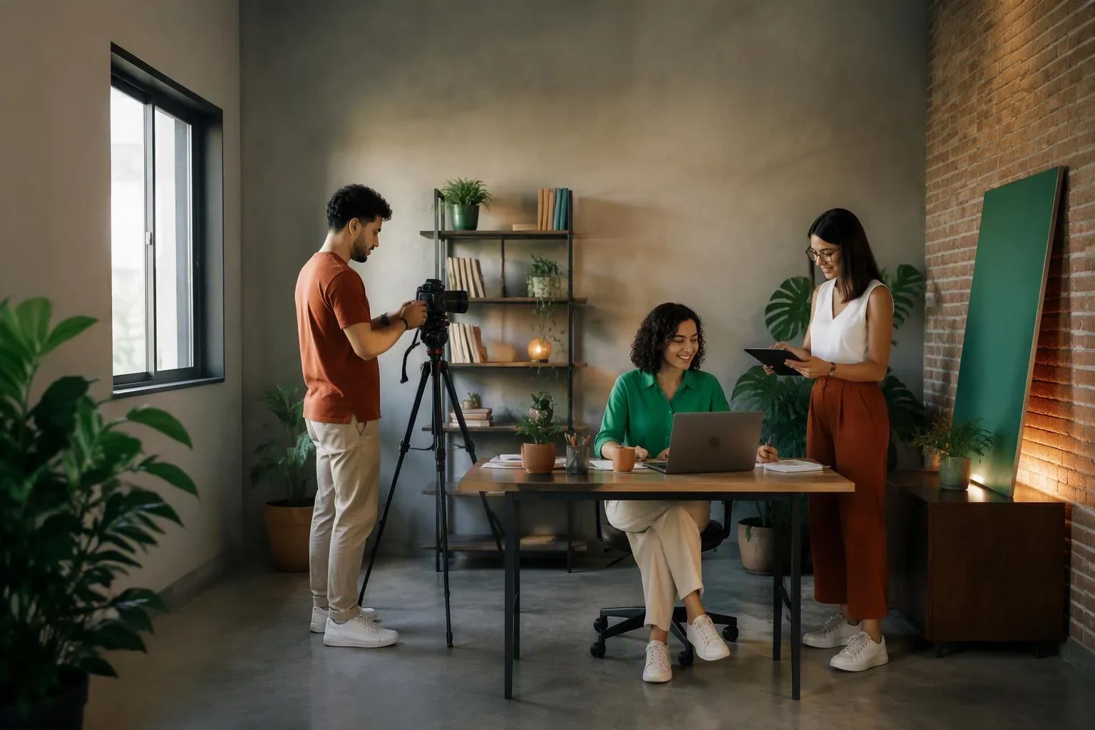 Equipe criativa produz conteúdo em um pequeno estúdio